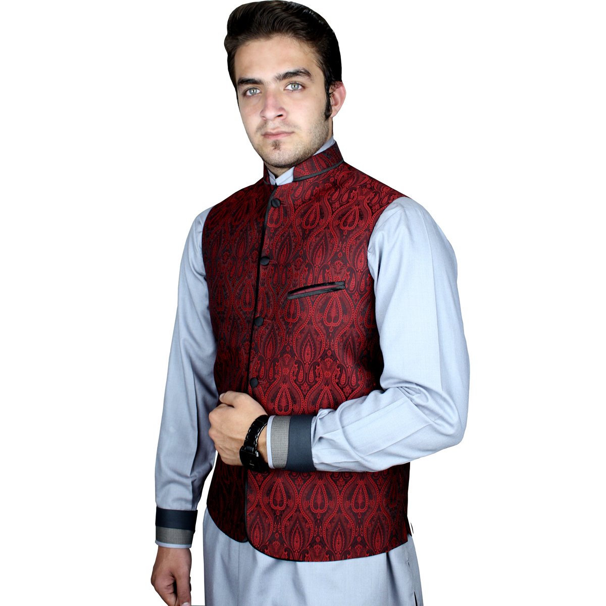 Maroon Jamawar Waistcoat for Men – Maqdoor Fabrics