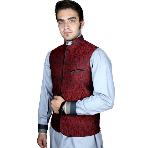Maroon Jamawar Waistcoat for Men