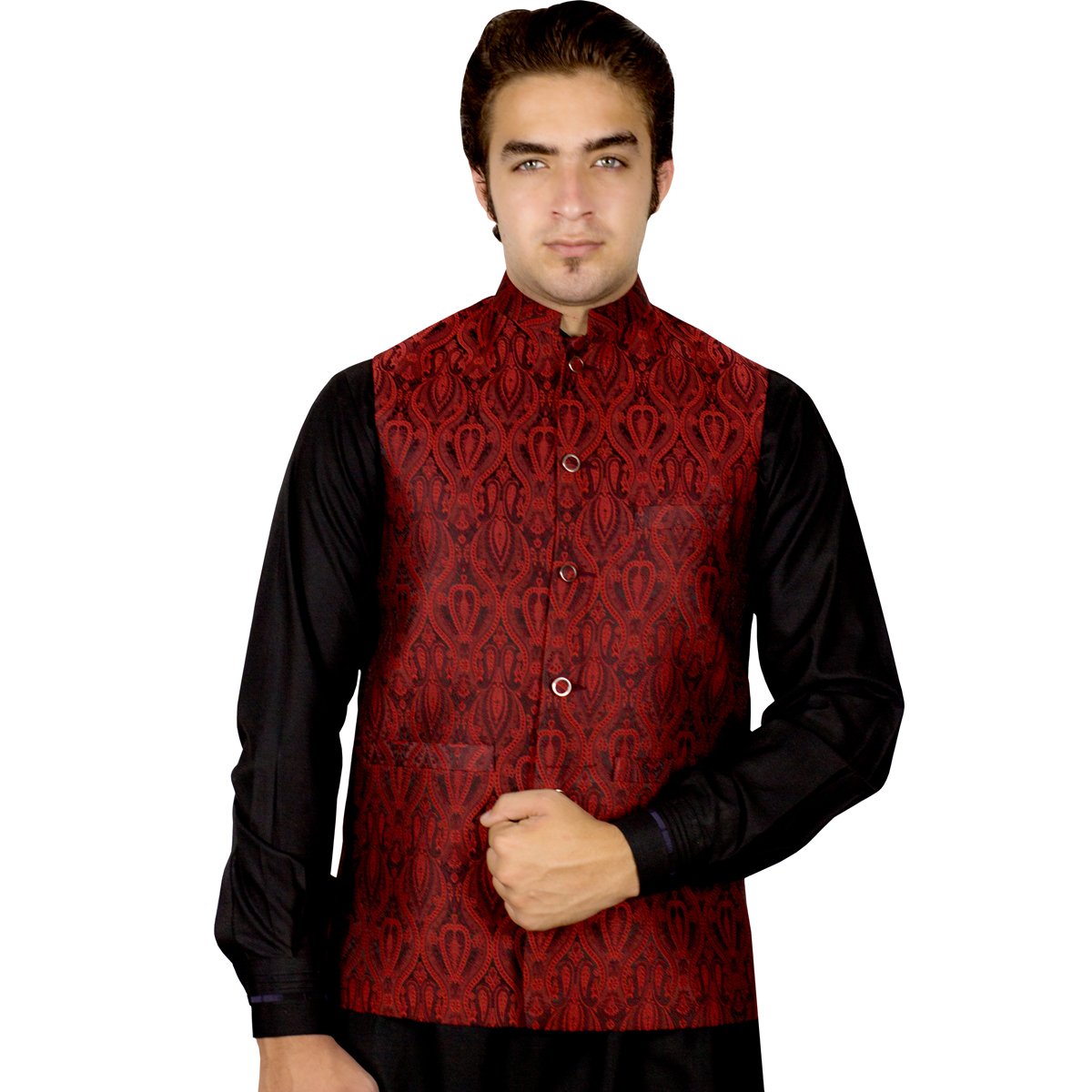 Maroon Jamawar Waistcoat for Men